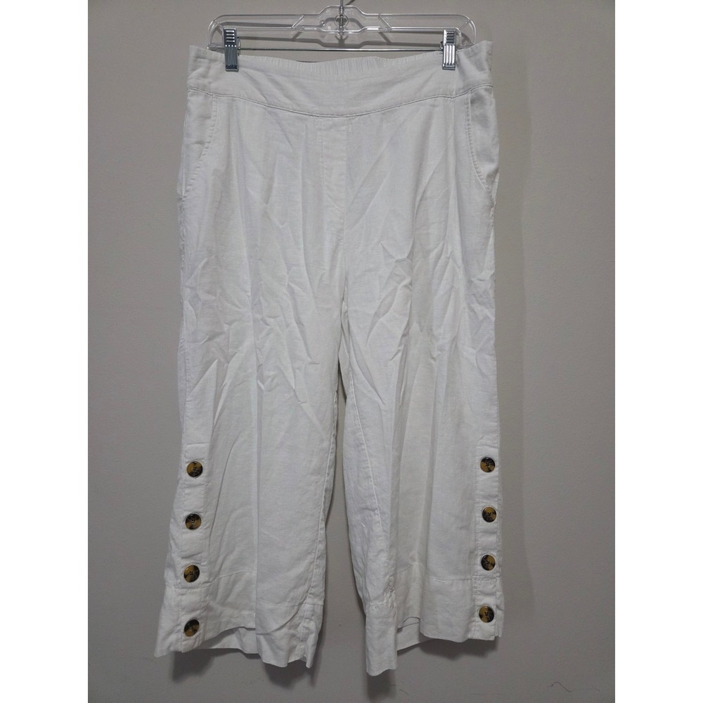 New Directions Petite White Linen Blend Button Hem Crop Pants PL Wide Leg Capri